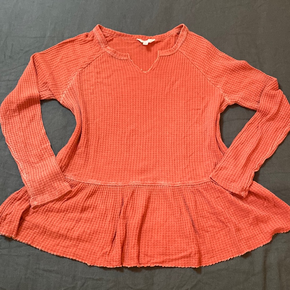 Waffle Knit Acid Wash Peplum Top XL